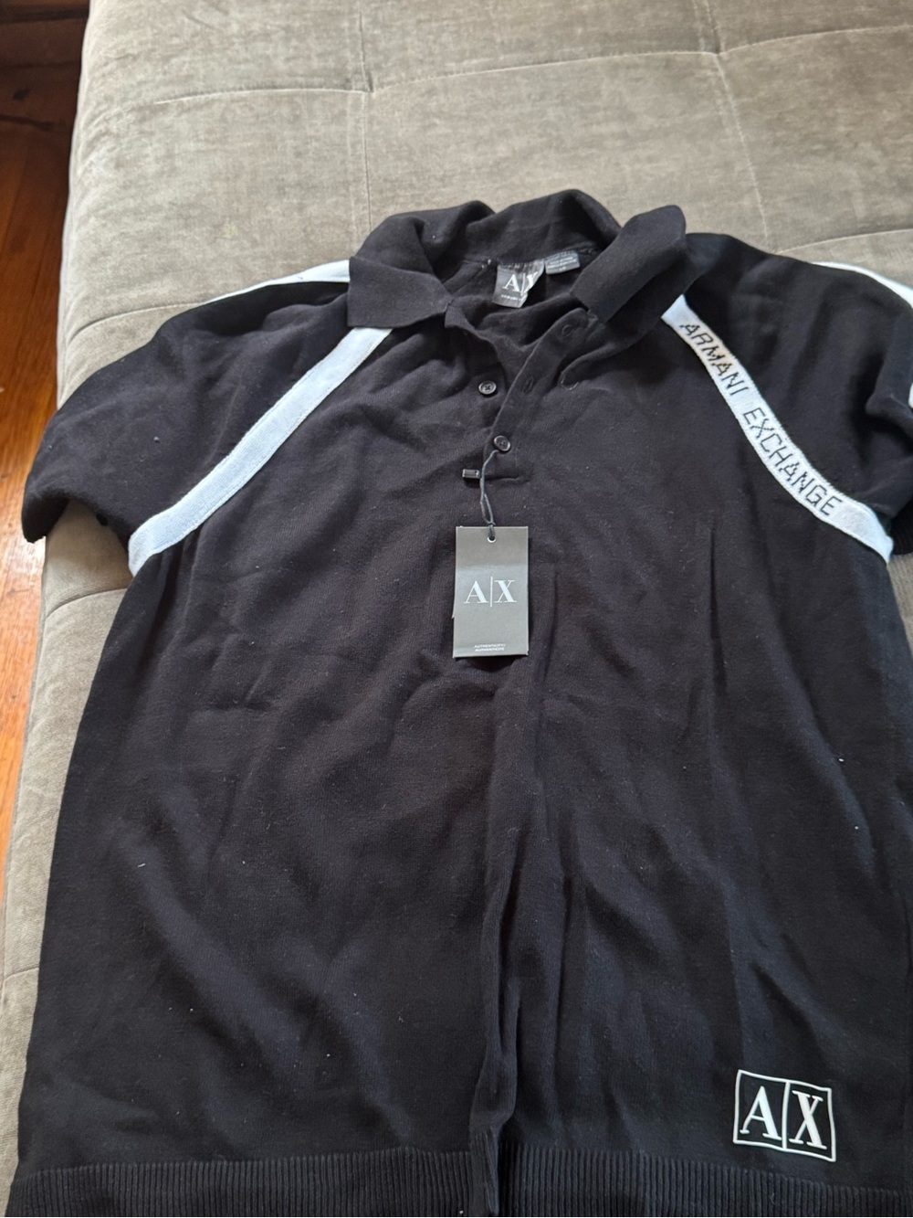 Armani Exchange Black Polo with Light Gray Shoulder Stripes